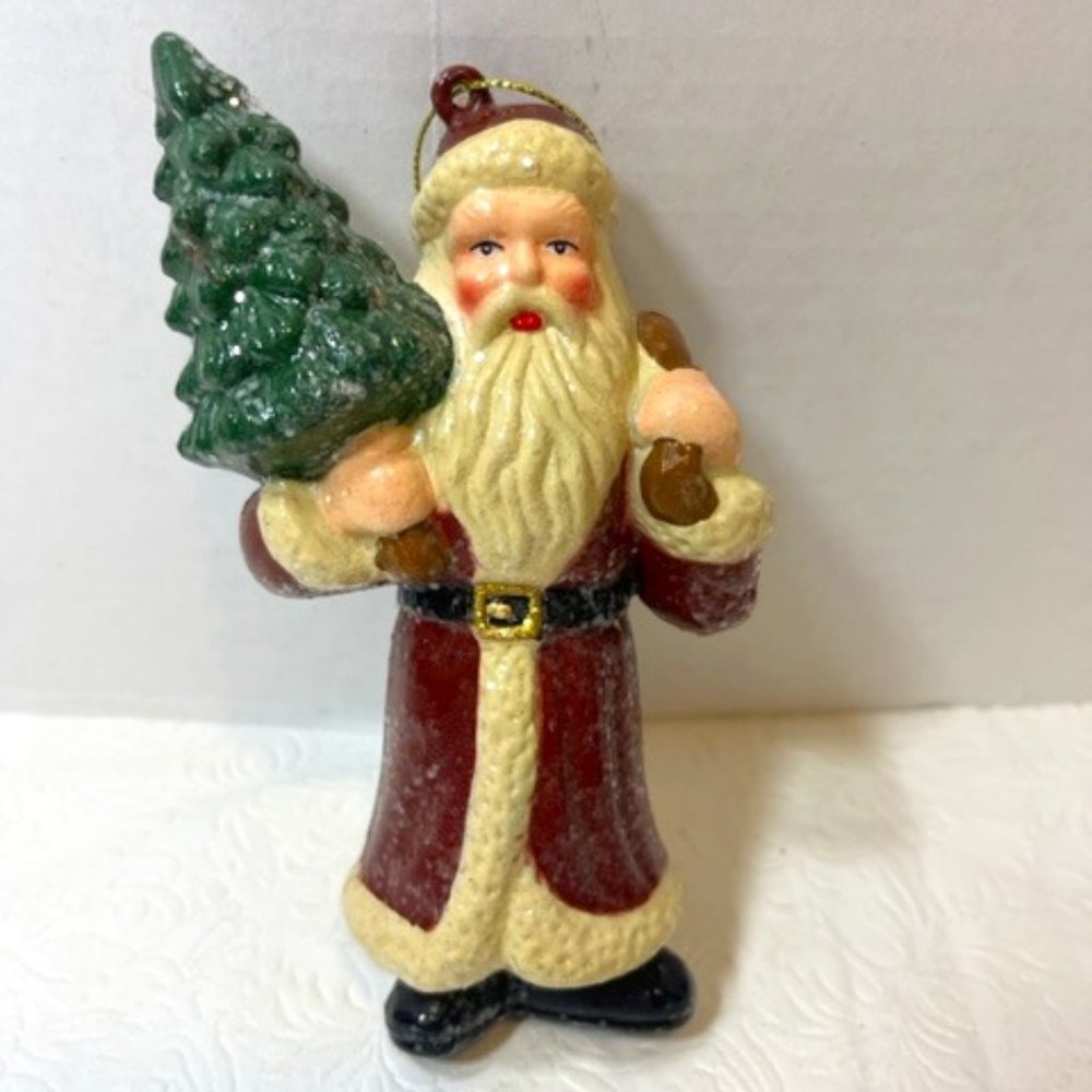 Lg Standing Santa/Father Christmas Glitter Holding w/Tree & Sack Ornament 6"